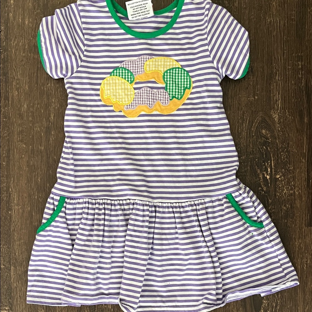 Jellybean Striped Purple & White Mardi Gras Dress with King Cake Applique